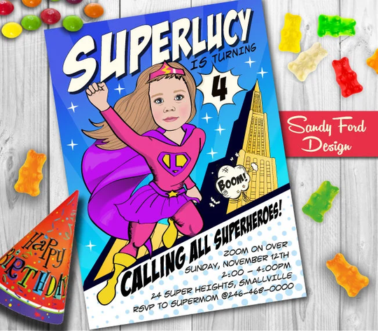 Girl's Superhero Birthday Party Invitation, Personalized - Illustrated From Your Photo Digital File