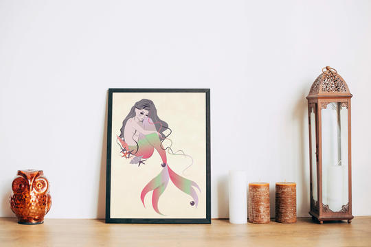 Rainbow Mermaid, Cute Colorful Siren Glossy Art Print, Sea Theme Kids Wall Decor, Star & Shells Art, Daydreaming Mermaid