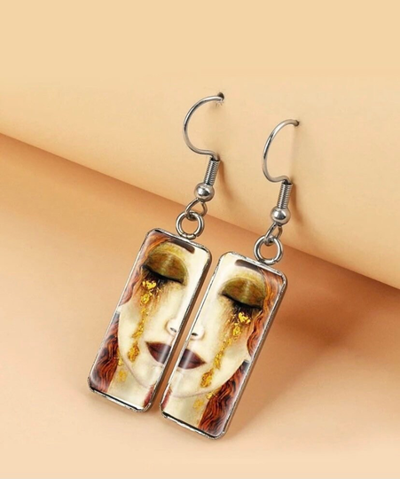 New School Graphic Art Glitter Crying Woman Fish Hook Earrings