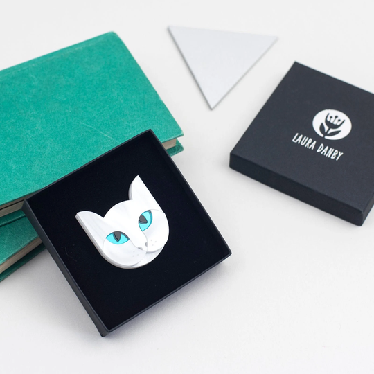 White Cat Brooch in Lasercut Acrylic, Statement Animal Pet Pin Badge
