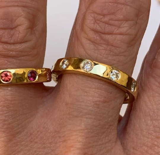 Hand Hammered Square Wire 4mm Wide Diamond Ring, 22K 18K 14K Solid Gold, Milled Forged