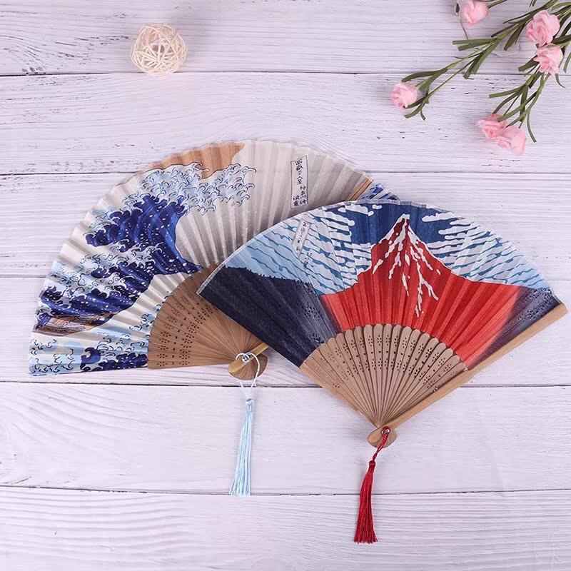 Handmade Japanese Folding Fan With Silk & Bamboo Feat. Mount Fuji & Kanagawa Waves