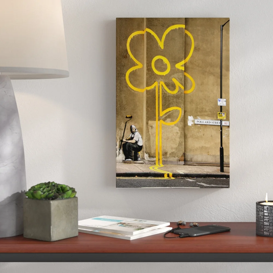 Yellow Lines Flower Painter by Banksy - Wrapped Canvas Graphic Art Print