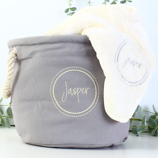 Luxury Embroidered Pet Storage Toy Basket With Matching Blanket, Cat/Dog Lovers Gift