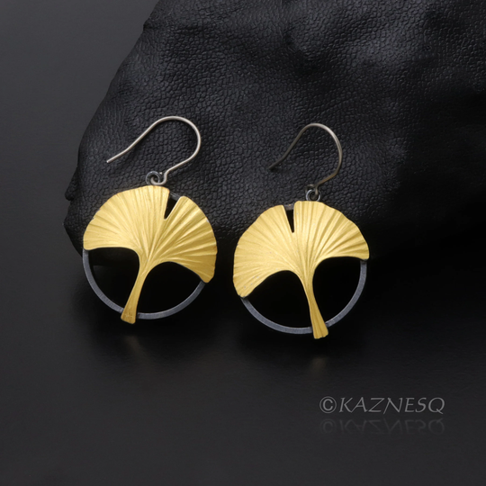 Made To Order Gold Keum Boo Oxidized Silver Circle Ginkgo Earrings
