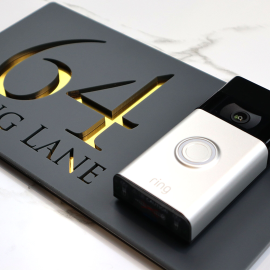 K Smart Sign | Bellissima Db Ring Nest Video Wifi Doorbell Mount Plate Laser 3D Matt Dark Gray & Gold Mirror Door Number House Plaques