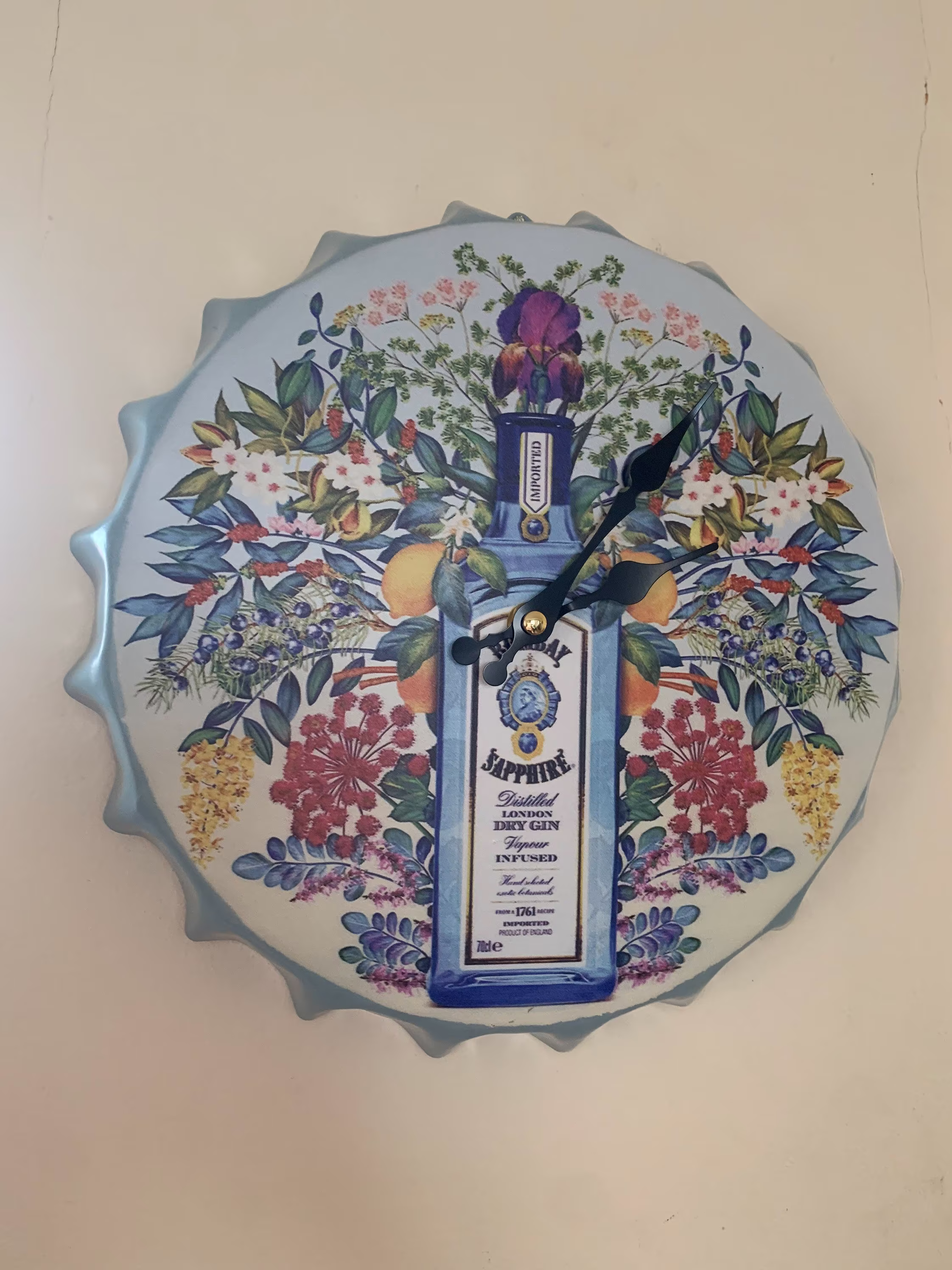 Bombay Sapphire 30cm Wall Clock Metal Bottle Top Man Cave Bar Garden Gift Ideas Gifts For Him Her Art Home Decor