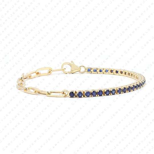 Real 50/50 2mm Bluesapphire Tennis & Paperclip Chain Bracelet, Solid 14K Gold, Thin Bracelet For Women