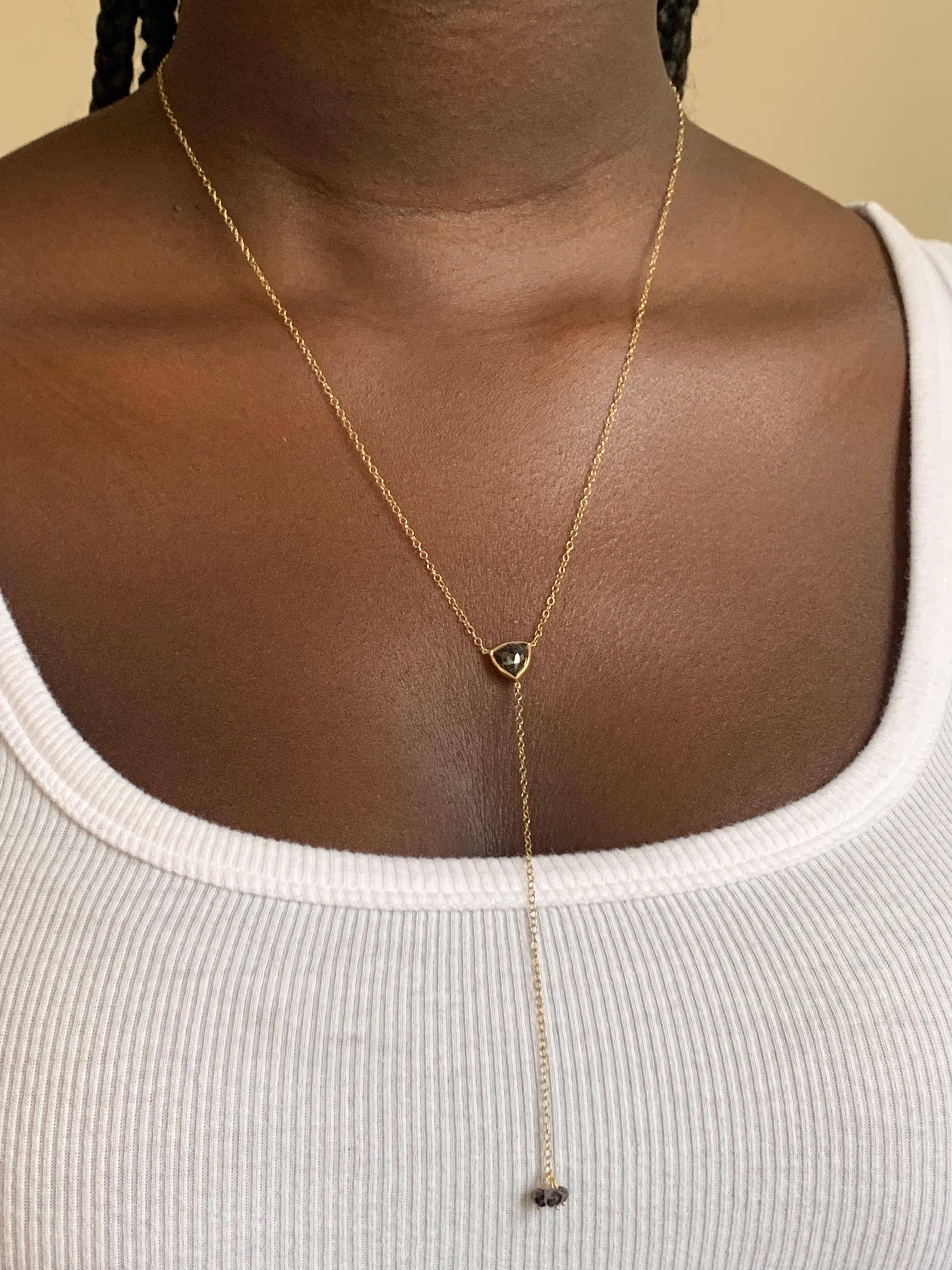 One Of Kind Genuine Black Diamond Y Lariat Chain, 18K Solid Gold, Bezel Set Triangle Diamond, Faceted Drops