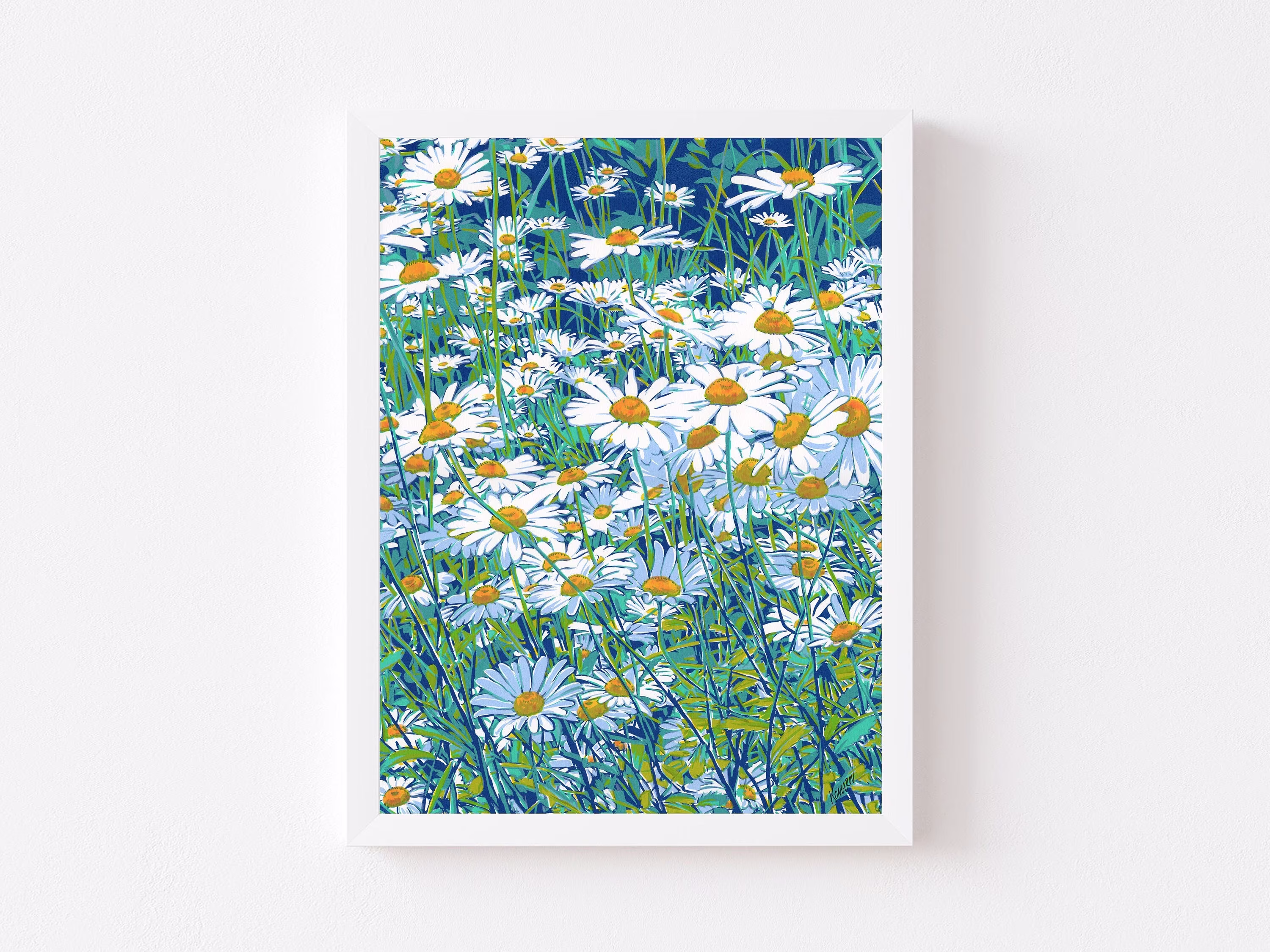 Daisy Painting Floral Original Art April Birth Flower Wall Daisies Artwork Simple Colorful Graphic Emerald Green Decor 16 By 12