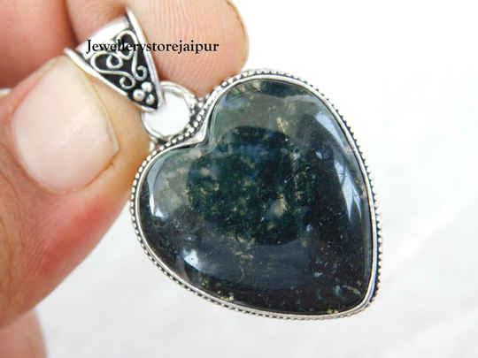 Heart Shape Moss Agate Pendantsterling Silver Pendant Pendant Moss Cabochon Pendantmoss Gemstone Jewelrygift For Her
