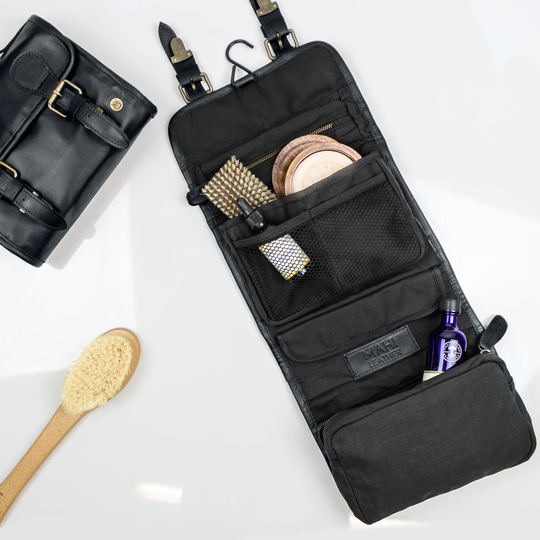 Personalized Leather Hanging Wash Bag - Men's Shaving Kit/Dopp Kit in Full Grain Black & Waterproof Lining Handmade By Mahi