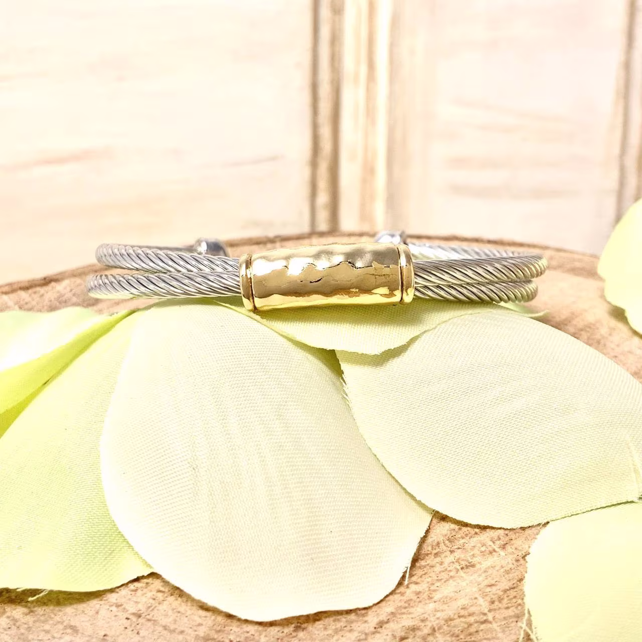 Classic 3mm Double Cable Crossover Cuff Bracelet Simple Stackable Must Have Item. Everyday Two Tone Gold Plated