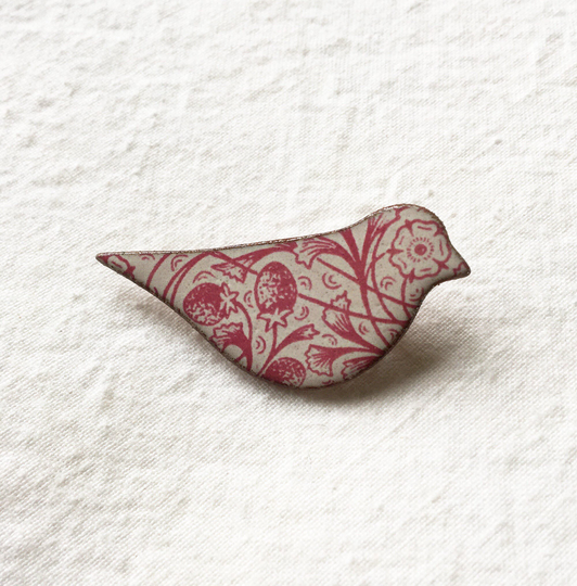 Pink Heritage Bird Brooch, William Morris Floral Jewellery, Valentine's Gift, Handmade Mother's Day Gift