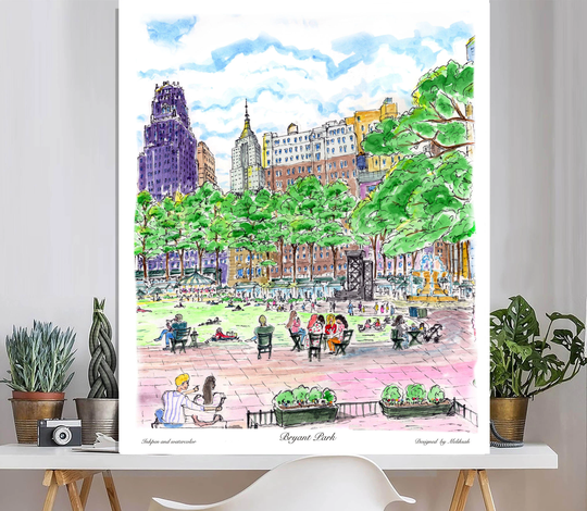 Bryant Park, Lovers & Chilling People Wall Decor, Print, Water Color, Awarded Artist Meliksah Soyturk , Digital Print