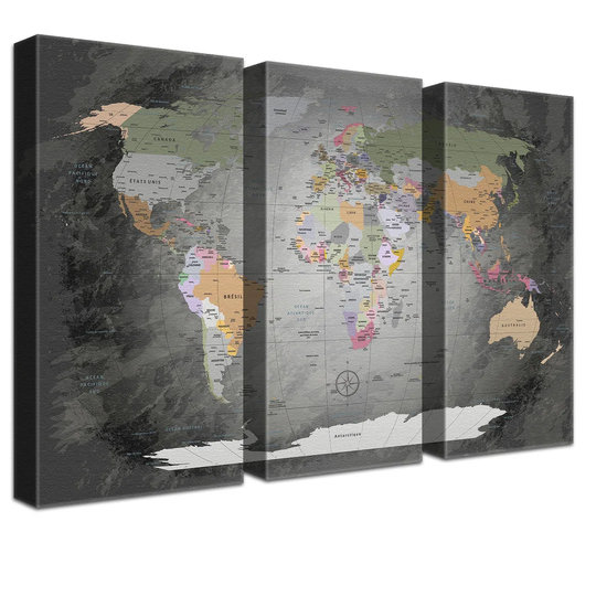 World Map - 3 Piece Graphic Art Print Set on Canvas