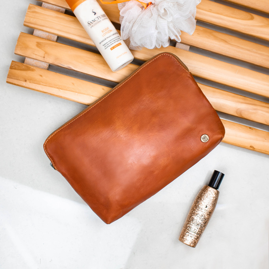 Personalized Large Tan Leather Cosmetics Bag Makeup Bridesmaids Gift For Her in Brown Buffalo By Mahi
