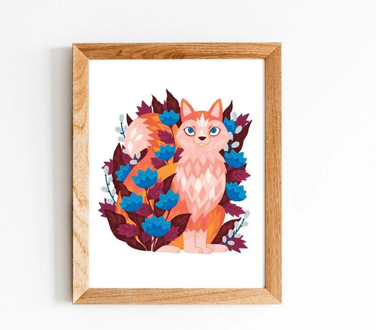 Fox in Flowers 8.5 By 11, 8 10, Wall Art, Animal Illustration, Artwork, Decor, Wolf, Canine, Simple Graphic Art