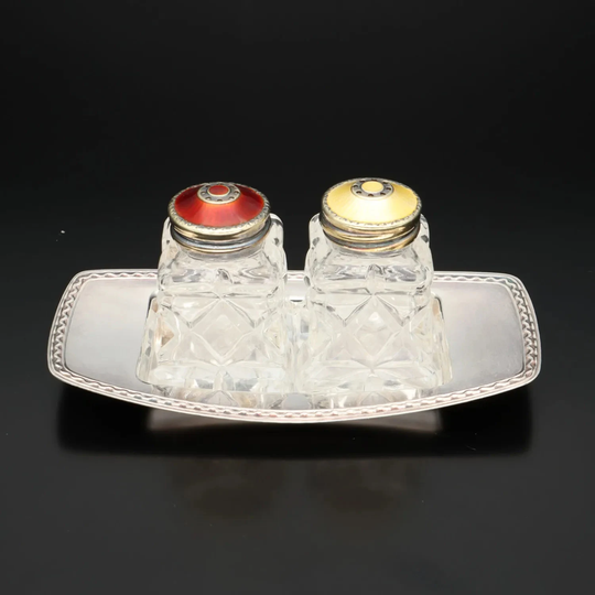 David Andersen X Hroar Prydz - Boxed Set Norwegian Crystal, Vermeil Silver & Guilloche Enamel Topped Salt & Pepper Shakers On Tray
