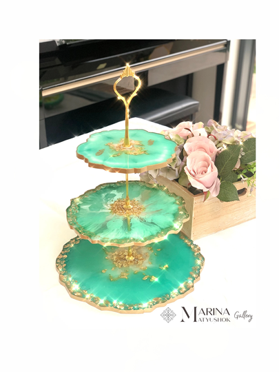 Epoxy Resin Masterclass. Learn How To Create This Emerald & Shining Gold Stunning Cupcake Stand| Luxurious Item| Bespoke