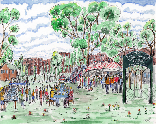 Sunnyside Garden Park, Past & Present, Watercolor Printed Frame, New York By Artist Melixah