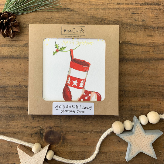 stocking & Holly Little Luxury Foil Christmas Cards Box - Pack Of 10 | xk14