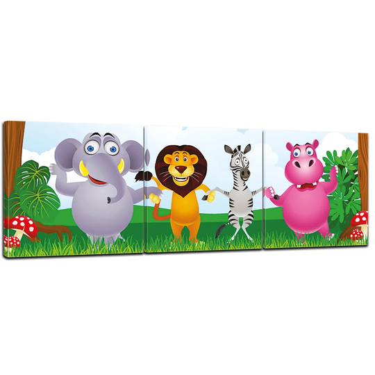 Jungle Animals Cartoon 3-Piece Children's Graphic Art on Canvas Set