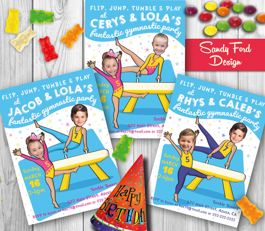 Gymnastics Birthday Party Invitation For 2 Children- Different Ages Or Twins - Personalized From Your Photo Digital File