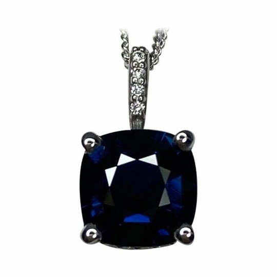 1.56Ct Fine Blue Cushion Sapphire & Diamond 18K White Gold Surround Set Pendant