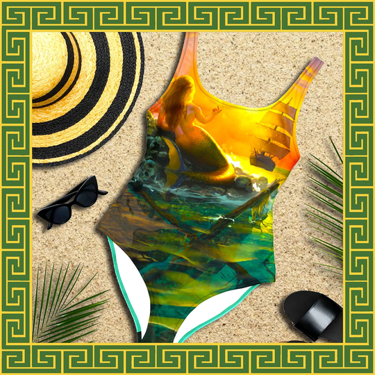 Sirens Call Mermaid Womens Swimsuit, Cheeky One Piece Outdoor Cute Bathing Suit, Vivid Color, Beautifully Detailed Greek Mythology Fashion
