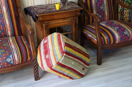Handmade Kilim Rug Ottoman Round Decorative Rainbow Pouf Cover Pouffe Contemporary Eclectic Vintage Natural Wool Turkish