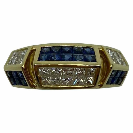 1.24Ct Modern Art Deco Blue Sapphire & Diamond Fancy 18K Yellow Gold Band Ring