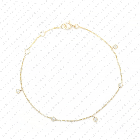 14K Yellow Gold 7 Inches 2mm Natural Diamond 5 Station Bracelet 0.18Ct Diamond