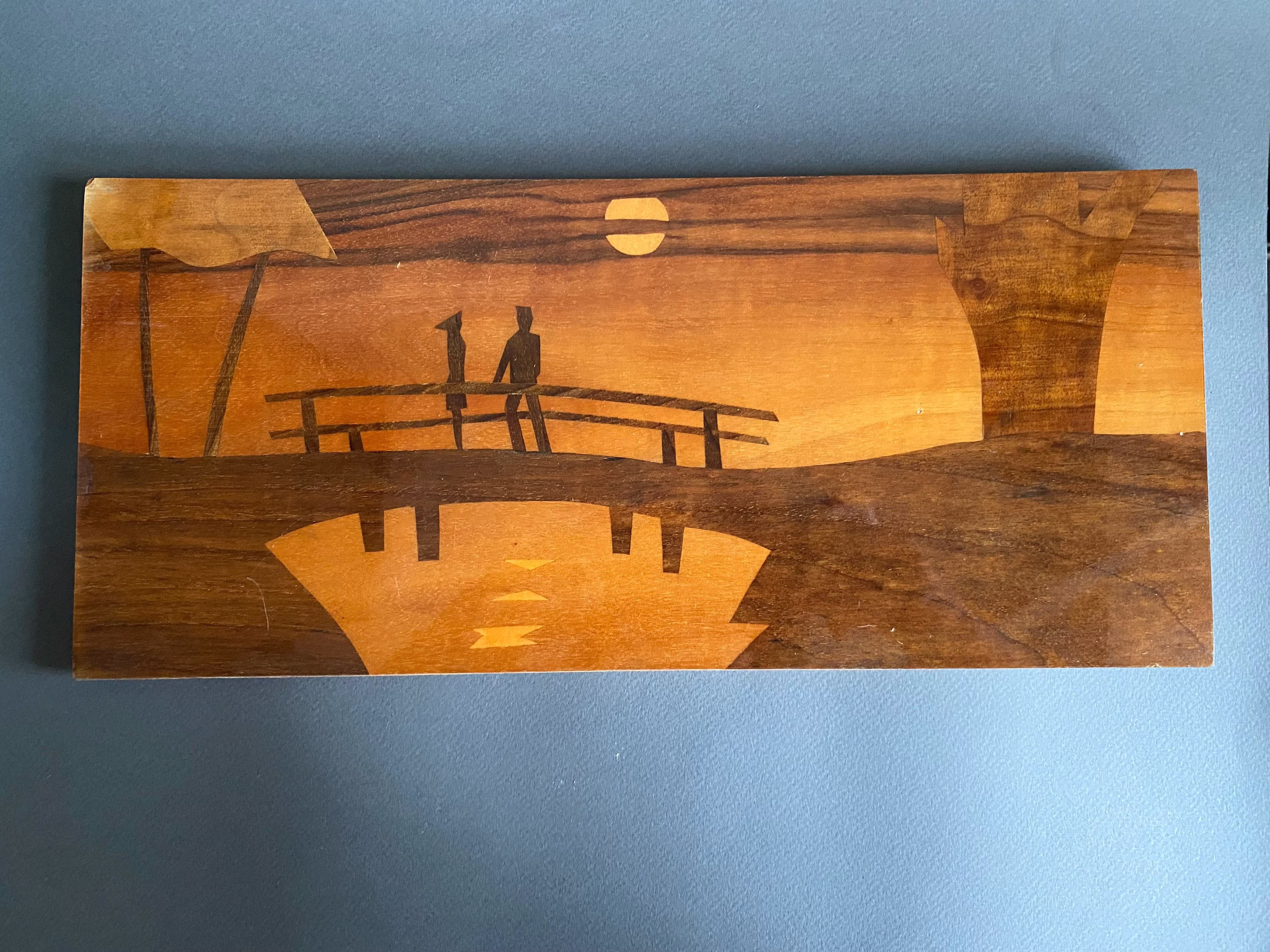 Mcm Midnight Aesthetic Art, Wooden Inlay Plaque, Vintage 1970S Night Romantic Scene Wall Decor, Mid Mod Graphic Art