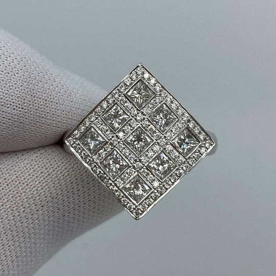 2.08Ct Square Diamond Cluster Ring 18K White Gold Princess Round Cut Jewel
