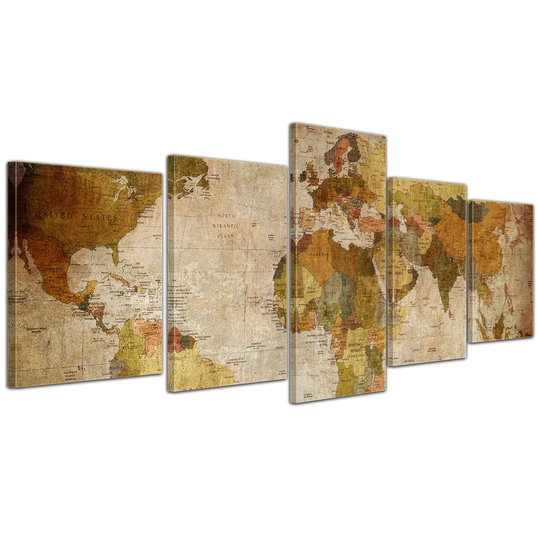 Retro World Map 5-Piece Graphic Art on Canvas Set