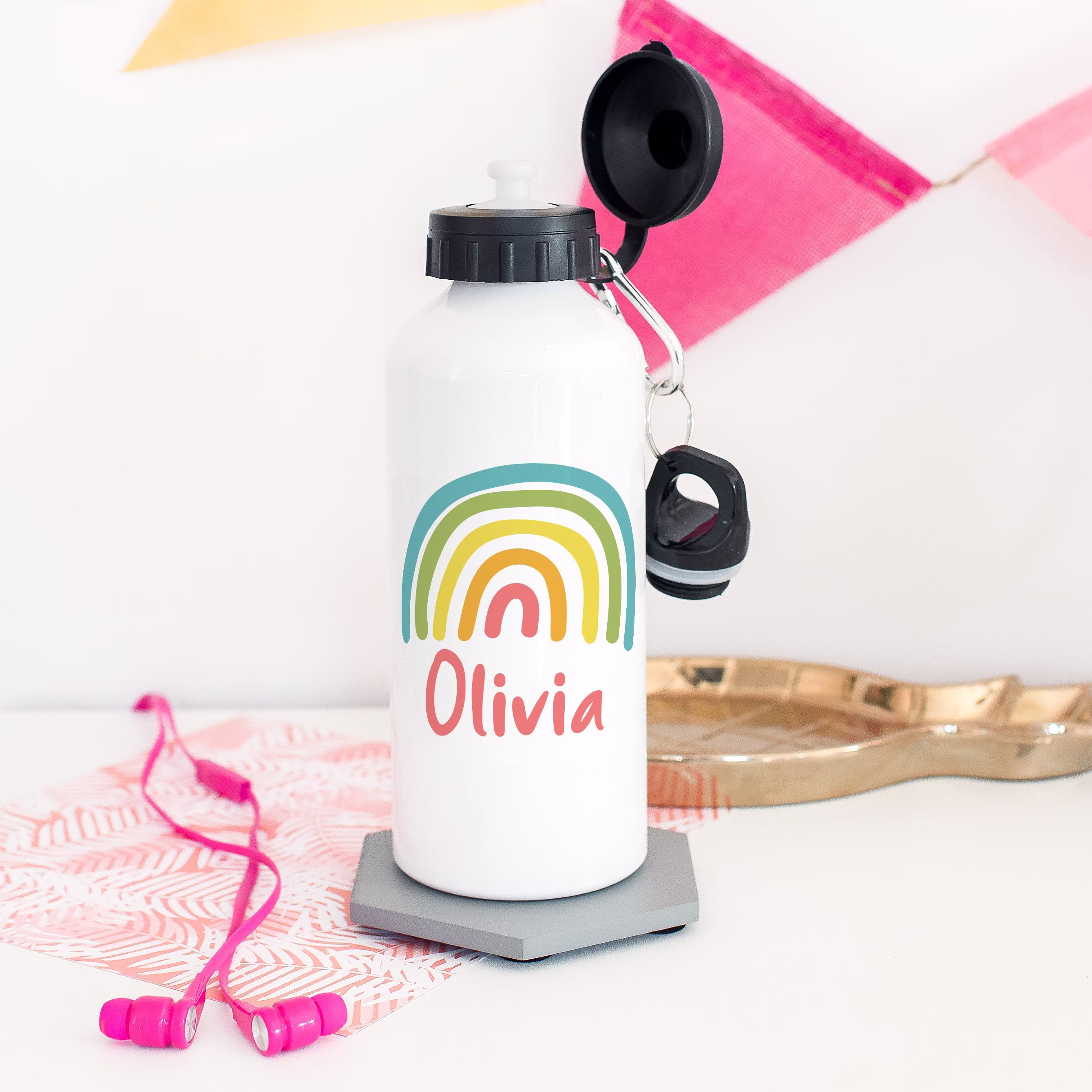 Personalised Rainbow Water Bottle, Children's Metal Bottle With Sports Cap, Back To School Kids