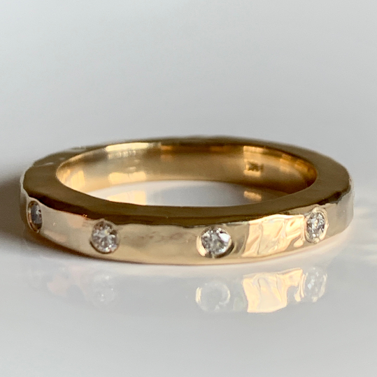 Genuine Diamond 18K 14K 22K Chunky Hand Forged Solid Gold Stacking Ring, Hammered Milled Square Wire 3mm Wide