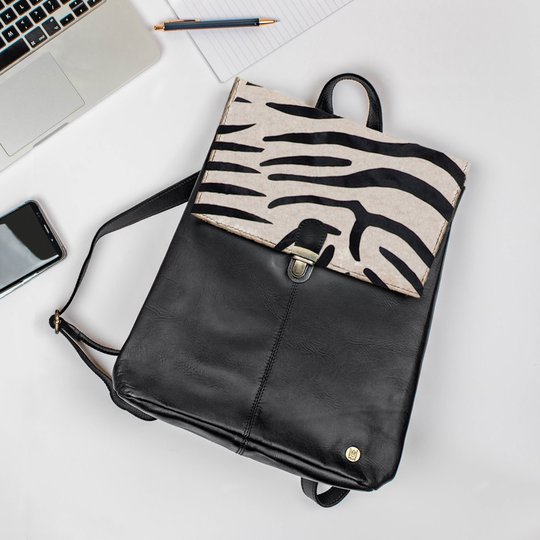 15 Inch Laptop Capacity Black Leather Backpack Yale Rucksack With Zebra Print Pony Hair For Her By Mahi