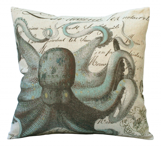 Aqua Octopus On French Document Square 20x20 Or 18x18 16x16 14x14 Oblong 24x16 20x13 18x12 16x12 Inch Pillow Cover
