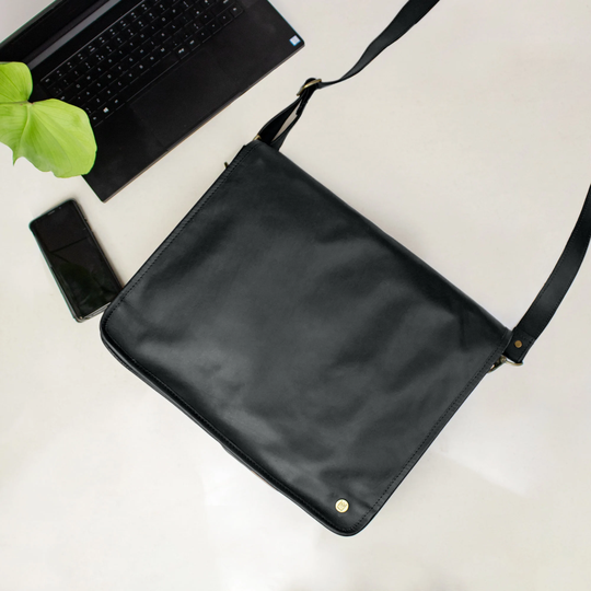 Black Full Grain Leather Minimalist Satchel With Flap - Messenger Bag Book School Bag/Work 15