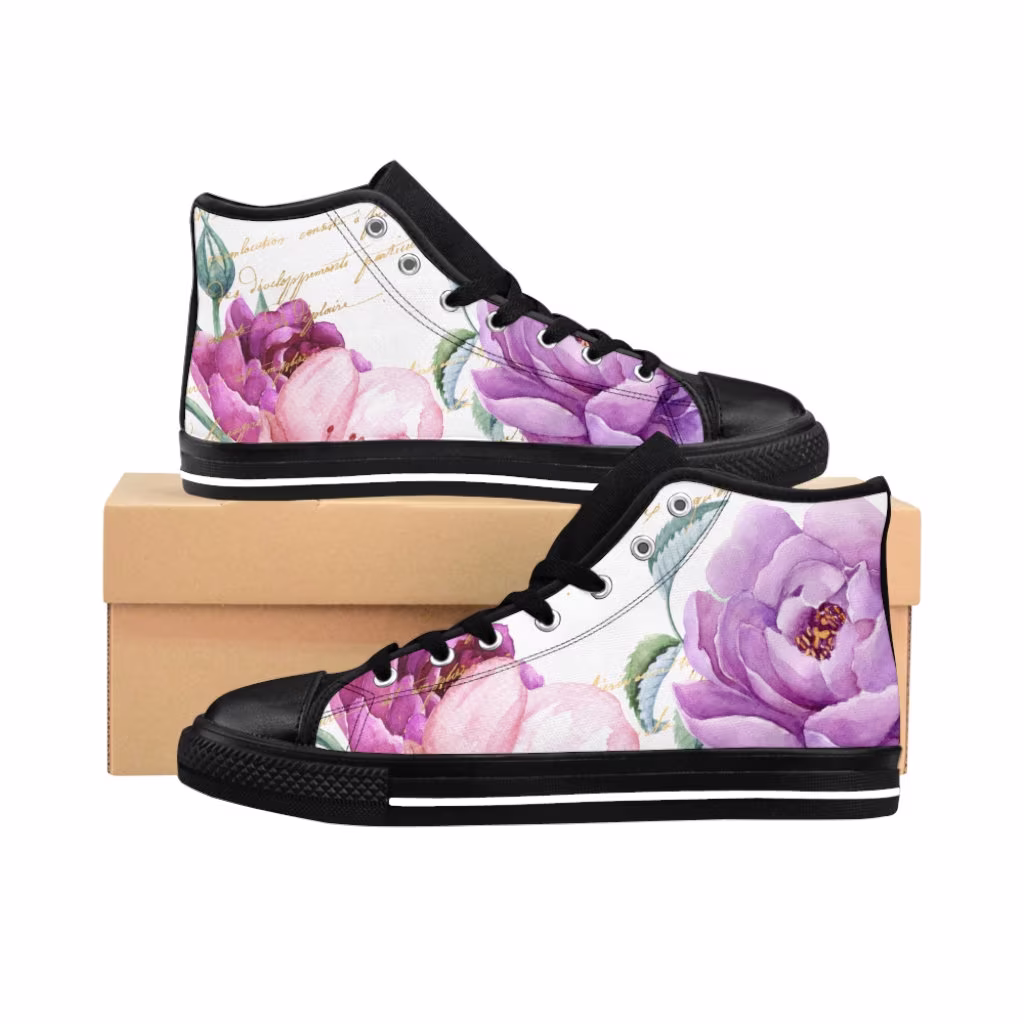 Sneakers For Women, High-Top Sneakers, Floral Colorful Shoes, Printed Unique Snickers, Artistic Sneakers