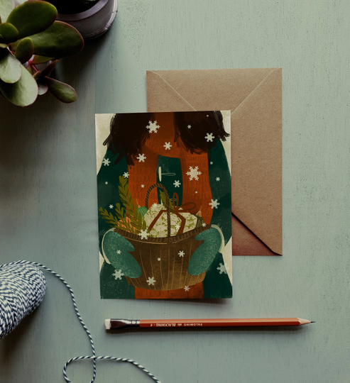 Christmas Gift Hamper Girl Illustration Greeting Card Set