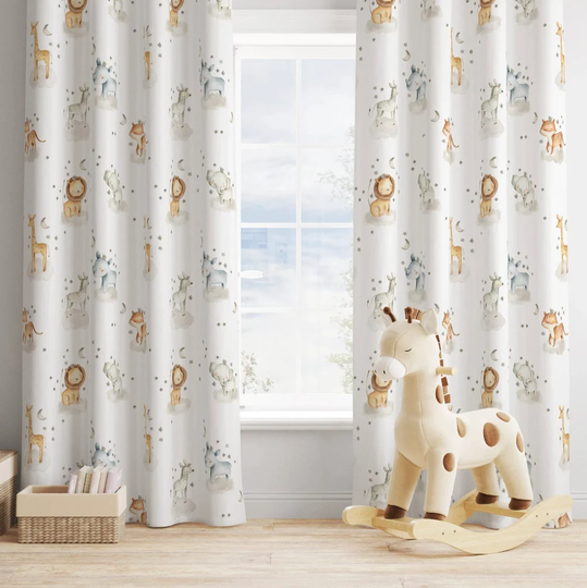 Cute Animal Watercolour Nursery Blackout Curtains - Curtains With Eyelets, Curtains, Safari Curtains, Decor, Nursery, Stars Clouds