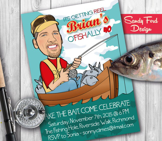 Man's Fishing Birthday Party Invitation - 30Th, 40Th, 50Th, 60Th Etc, Retirement Party Illustrated From Your Photo Digital File