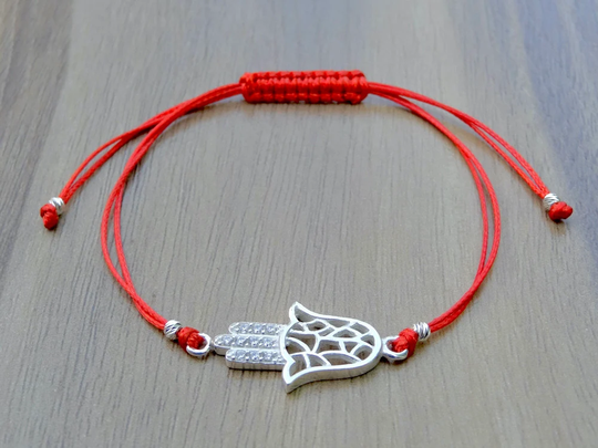 Hand Of Fatima Bracelet Red String Sterling Silver 925 Cubic Zirconia Hamsa Charm Adjustable Size Unisex Jewellery Gift Present