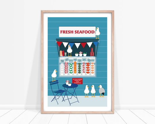 Seafood Print, Seagull Food Art, Animal Posters, Seaside Children's Prints, Poster, Beach Hut, Blue Art