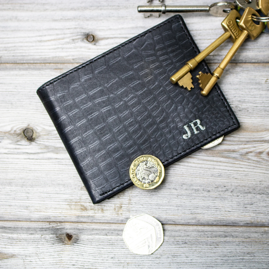 Personalized Leather Wallet For Men in Black Crocodile Print 3rd Wedding Anniversary Handmade Gift Him By Mahi
