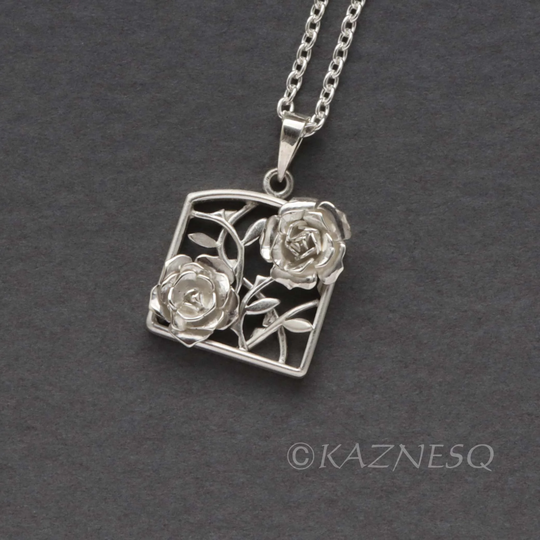 Fully Fabricated Rose Motif Silver Pendant Necklace