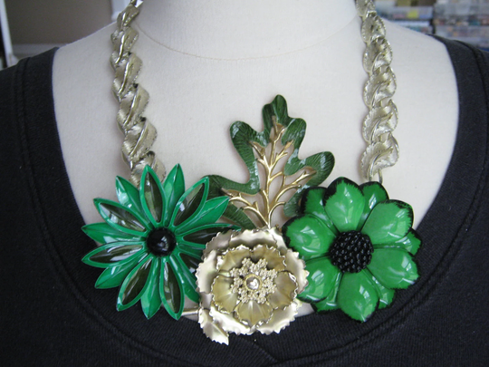 statement Necklace, Enamel Flower, Vintage, Sarah Coventry, Upcycled Brooch, Lisner Necklace , Green, Gold, Ooak - Emerald Fields